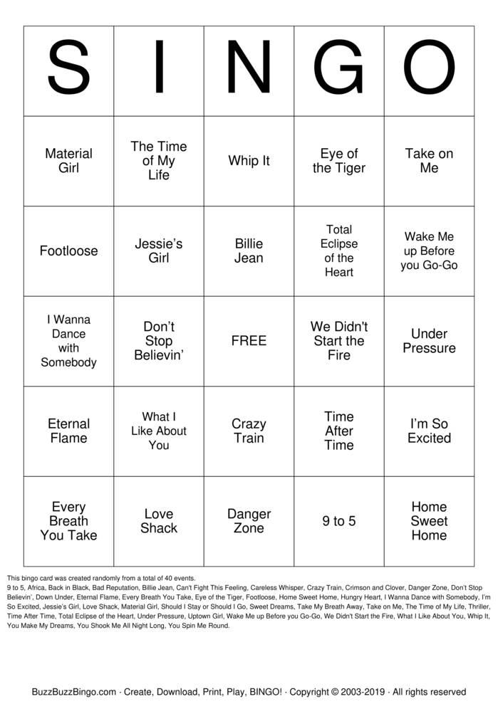 Download Free SINGO Bingo Cards