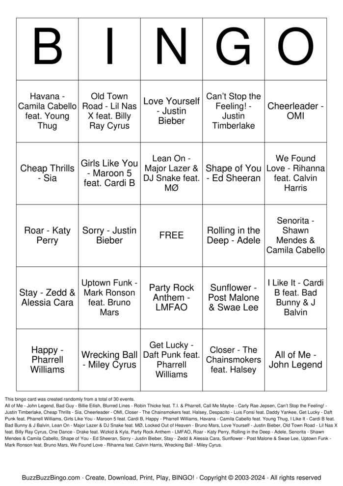 Download Free Summer Hits of 2010s Bingo Cards