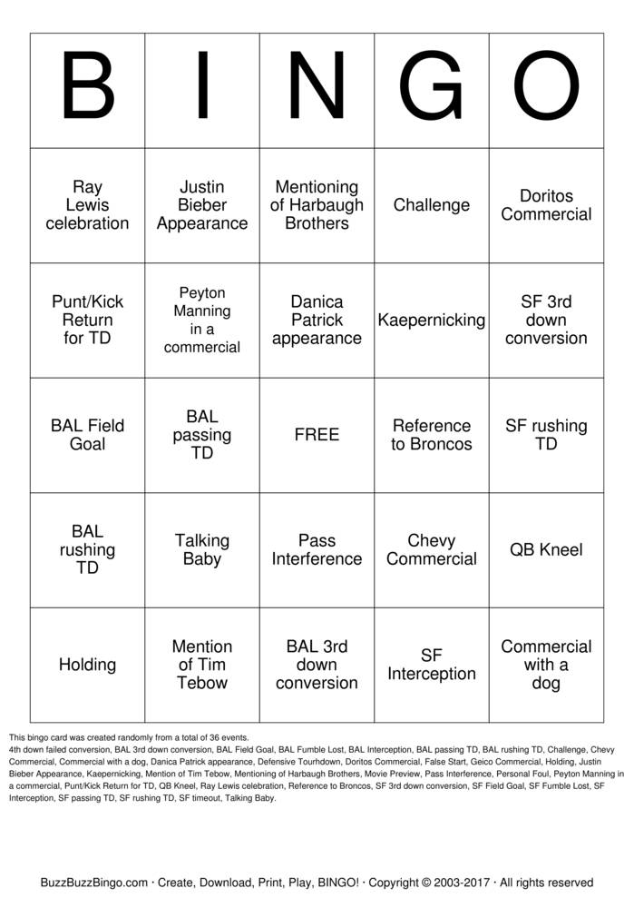 Superbowl Bingo Cards to Download, Print and Customize!