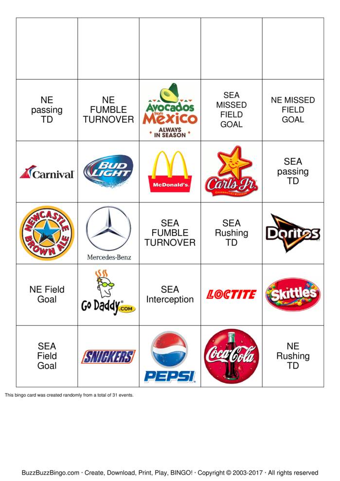 Superbowl Logos Bingo Cards to Download, Print and Customize!