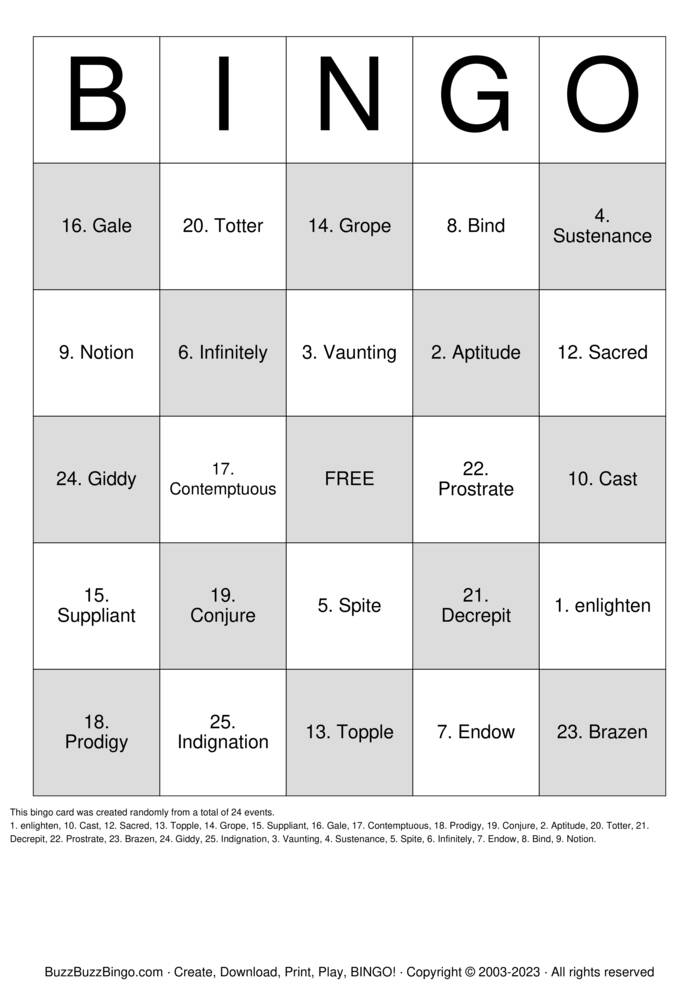 Download Free Vocabulary Bingo Cards Download Free Vocabulary Bingo Cards