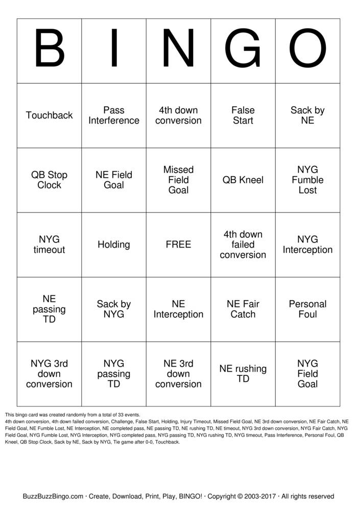 2012 Superbowl NYG vs NE Bingo Cards to Download, Print and Customize!