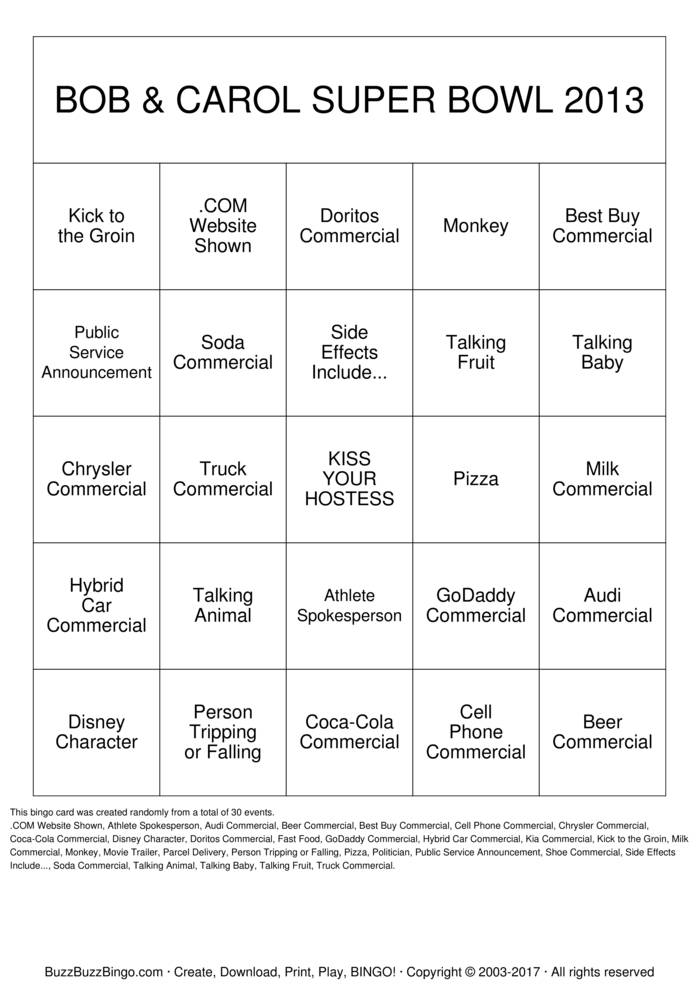 2013 Superbowl Commercials Bingo Cards to Download, Print and Customize!