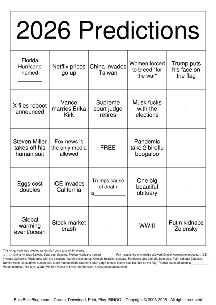 Download Free 2026 predictions Bingo Cards