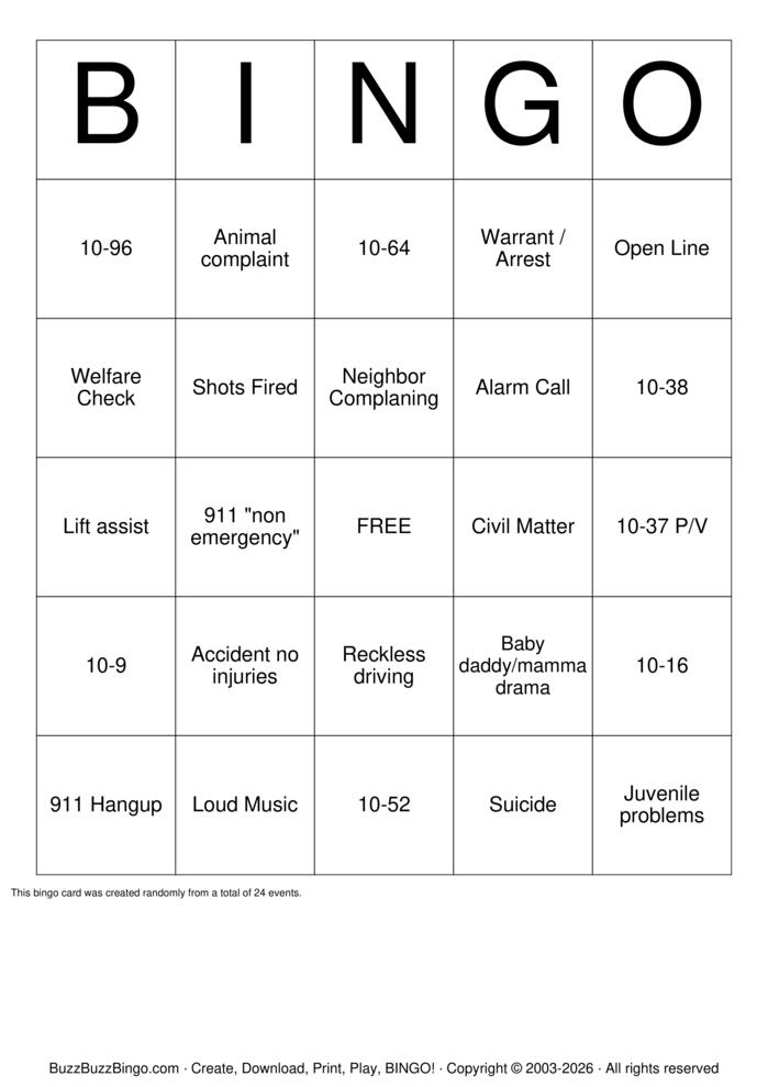 Download Free 911 Dispatcher Bingo Cards