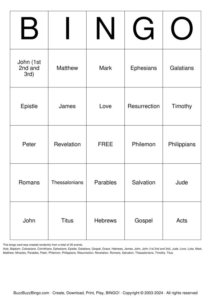 Download Free Books of the Bible New Testament Bingo Cards