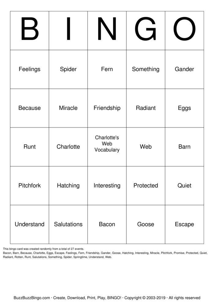 Download Free Charlottes Web  Bingo Cards