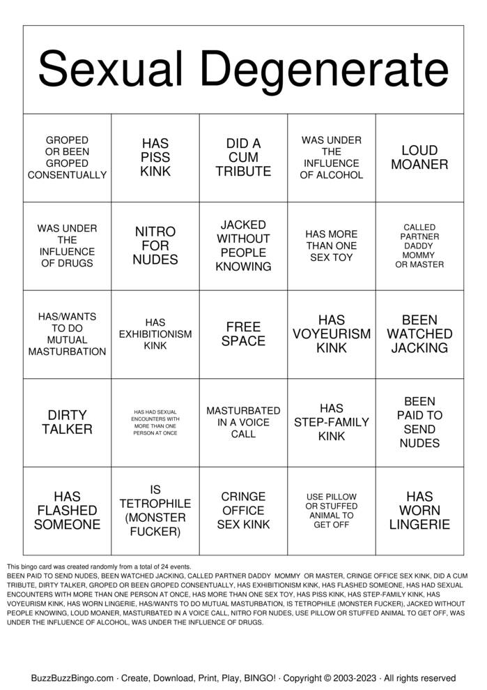 Degenerate Kinky Bingo Cards to Download, Print and Customize!