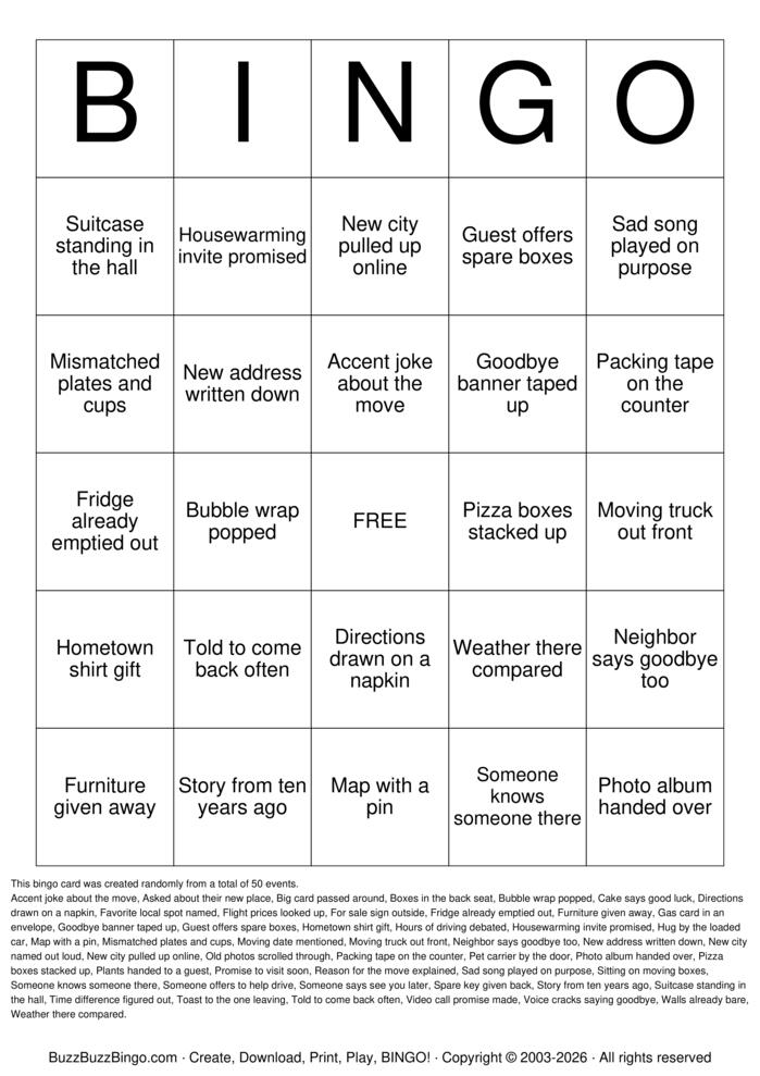 Download Free Farewell / Moving Away Bingo Cards