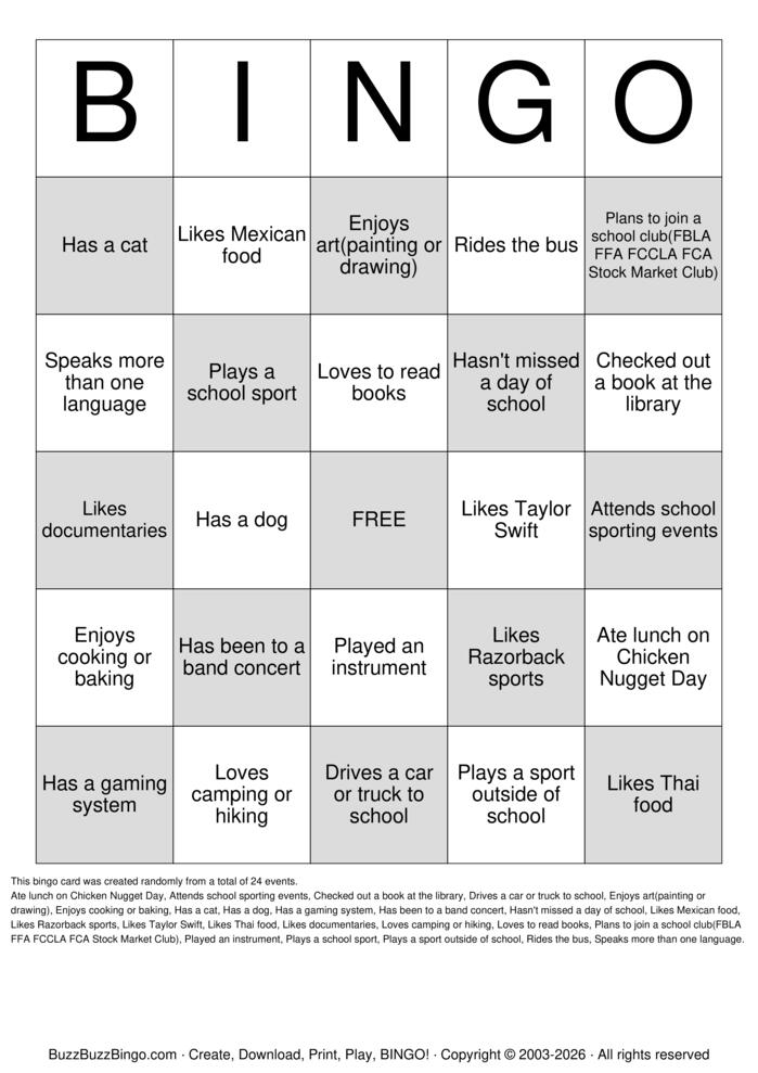 Download Free High School Bingo Cards