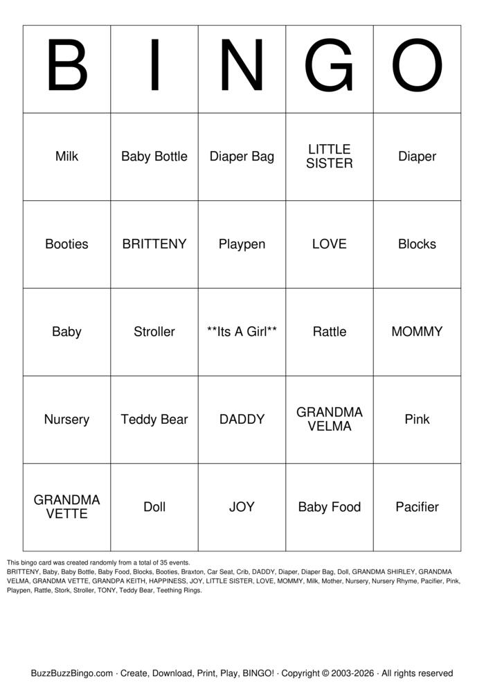 Download Free IT'S A GIRL Bingo Cards