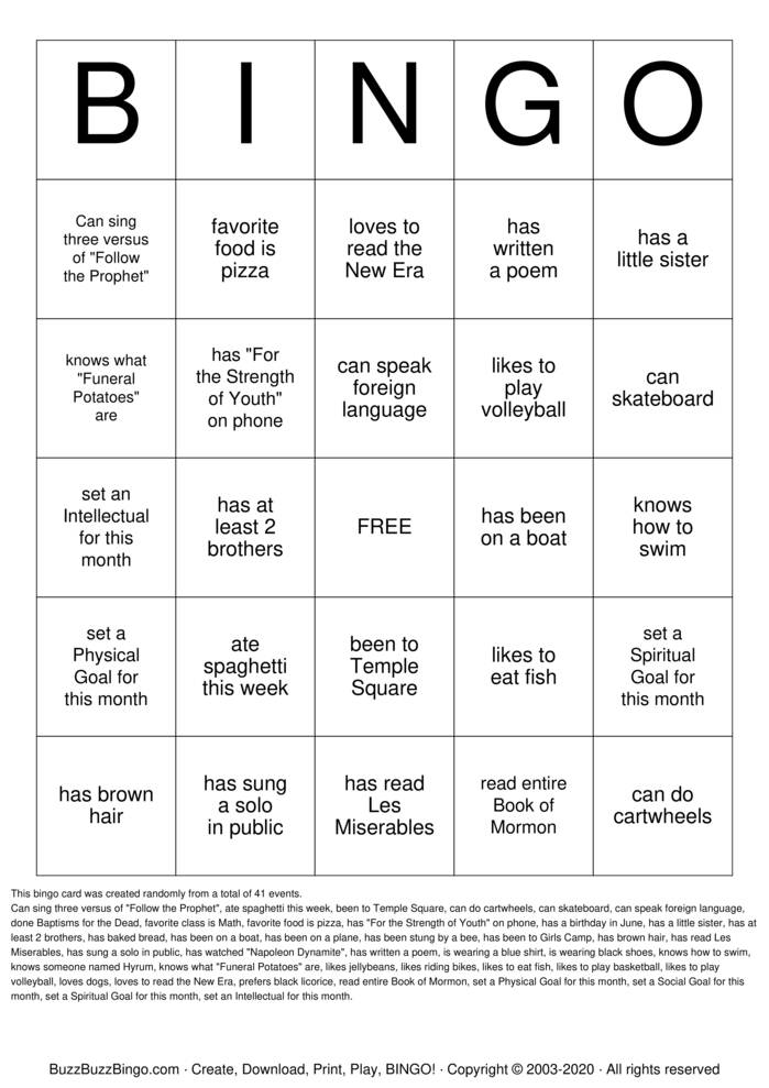 LDS YOUTH BINGO Bingo Cards to Download, Print and Customize!