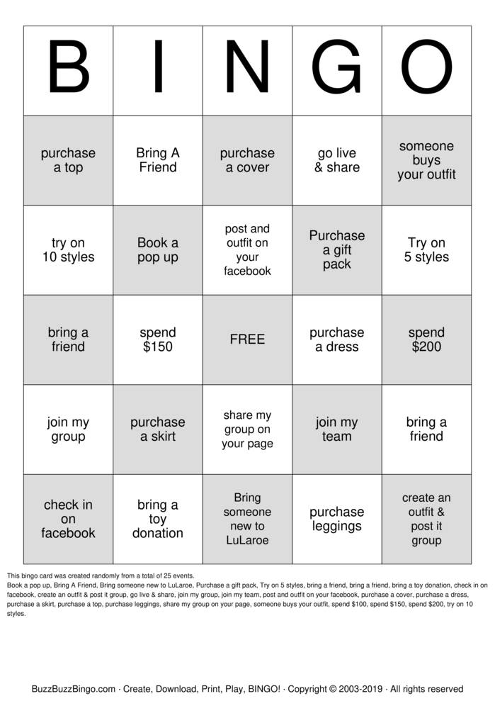 Download Free LULAROE BINGO Bingo Cards