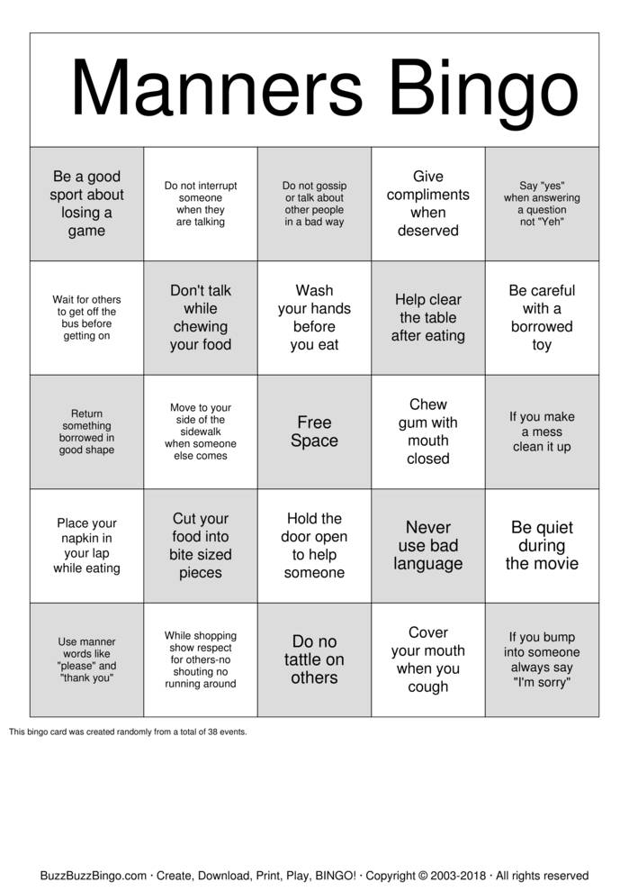 Manners Bingo Cards to Download, Print and Customize!