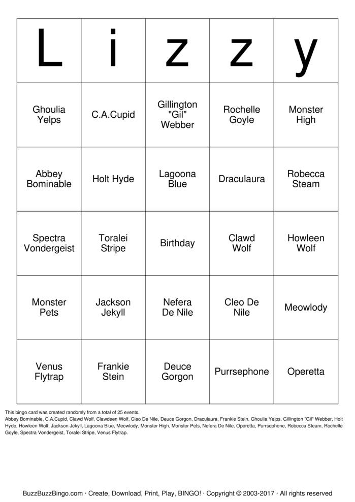 Monster High Bingo Cards to Download, Print and Customize!