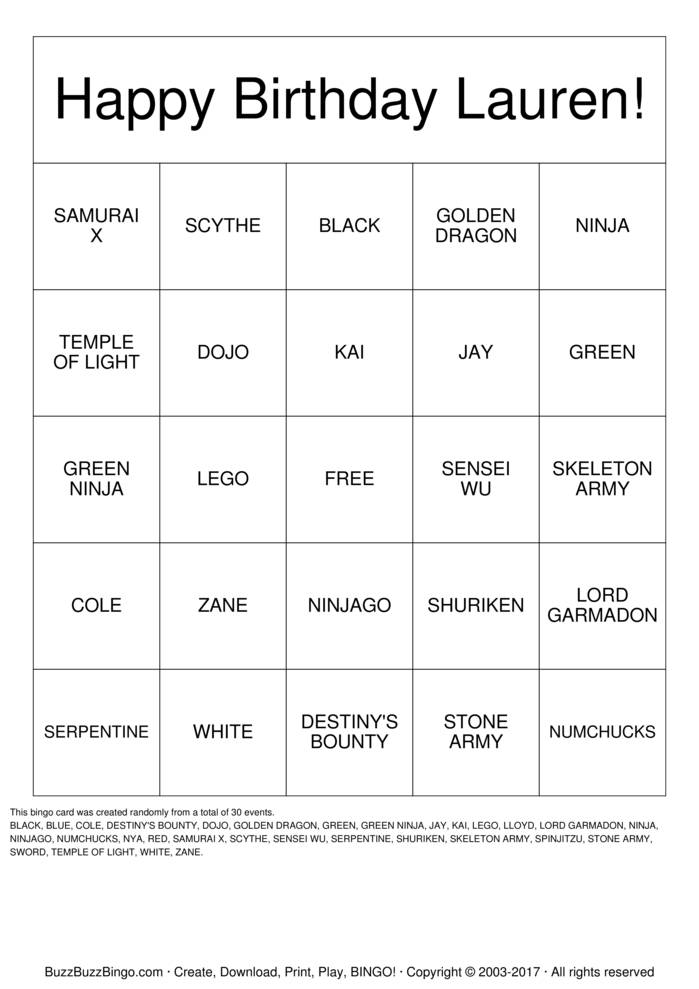 Download Free NINJA Bingo Cards