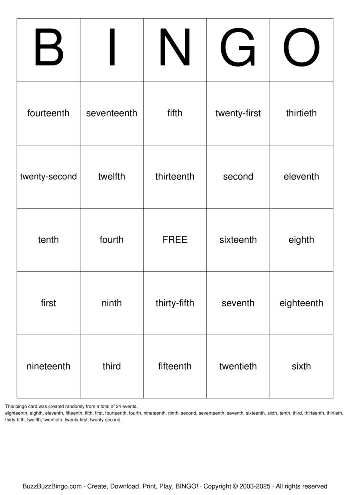 Download Free Ordinal Numbers Bingo Cards