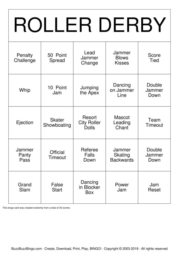 Download Free ROLLER DERBY Bingo Cards