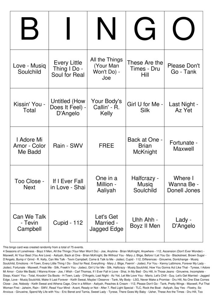 Download Free Slow Jams Bingo Cards
