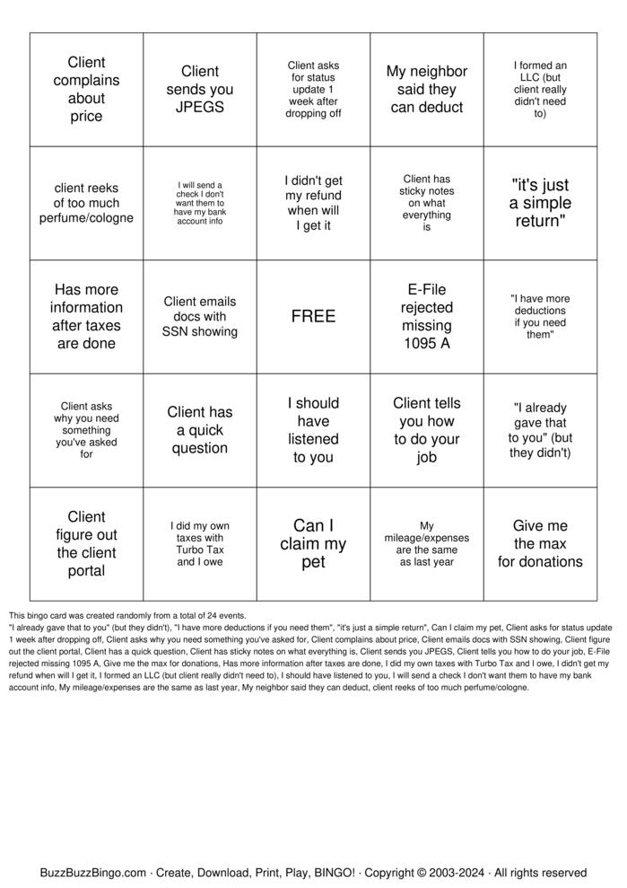 Download Free TAXES Bingo Cards Download Free TAXES Bingo Cards