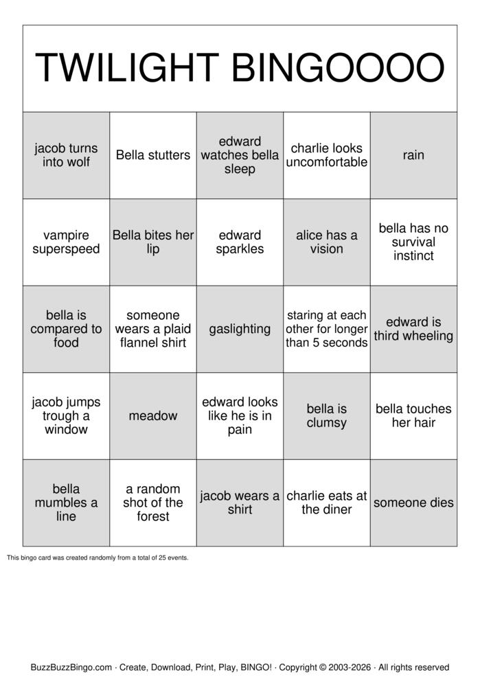 Download Free TWILIGHT BINGO Bingo Cards
