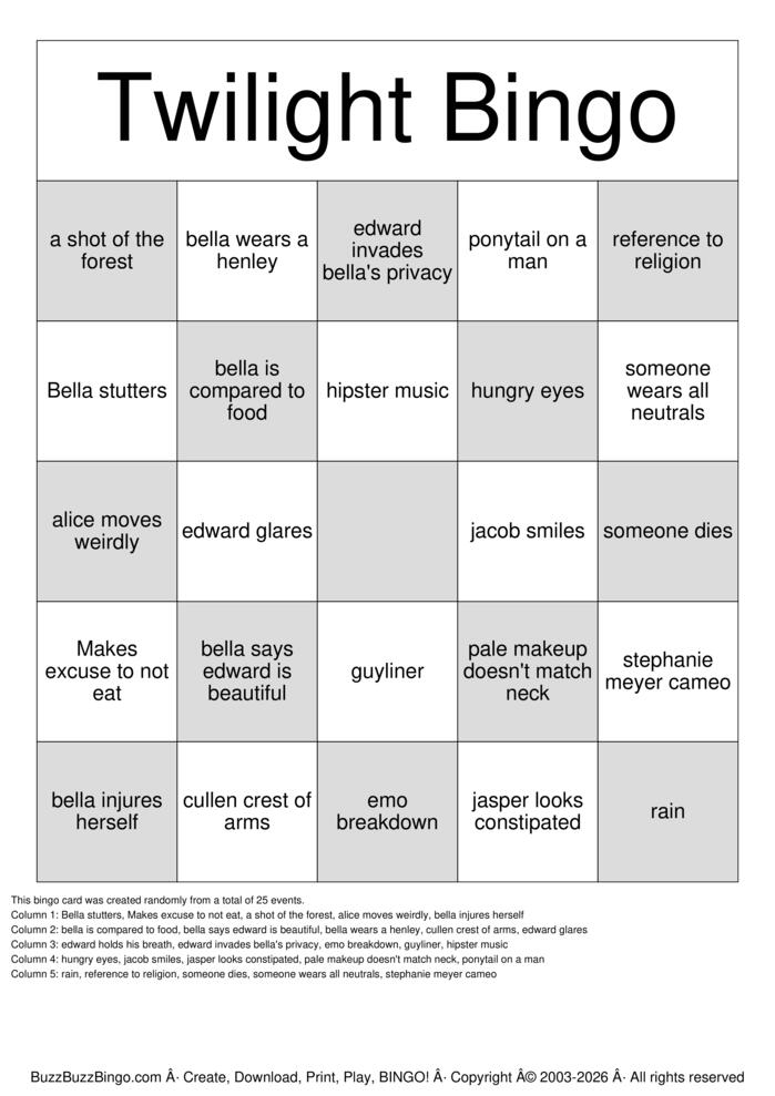 Download Free TWILIGHT BINGO Bingo Cards