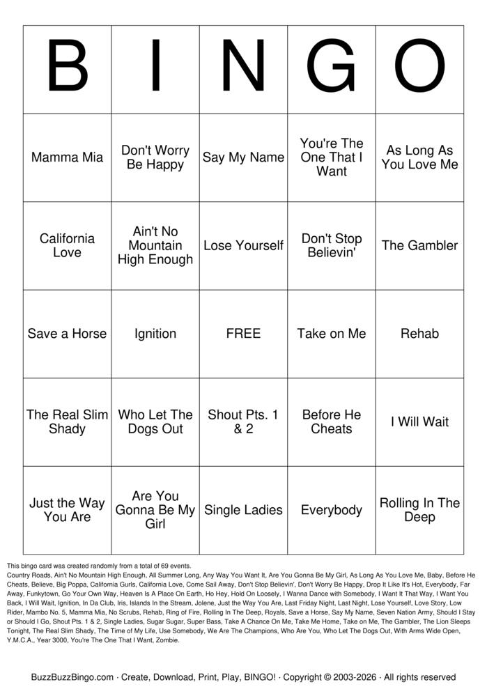 Download Free Try Not to Sing Music Titles Bingo Cards