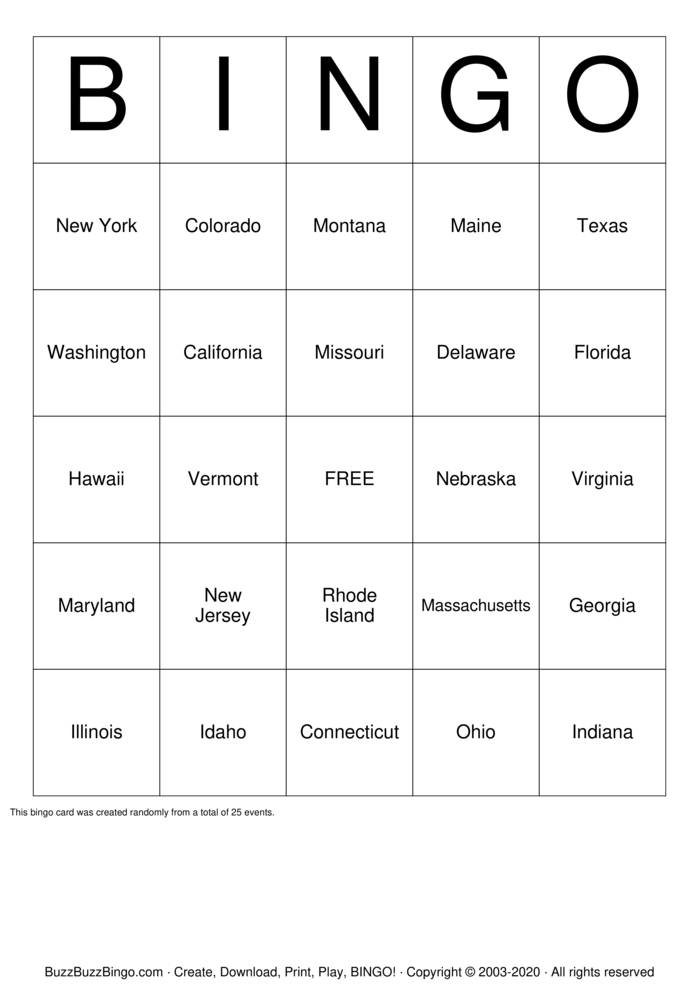 US States Bingo Cards to Download, Print and Customize!