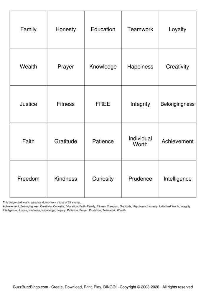 Download Free VALUES Bingo Cards Download Free VALUES Bingo Cards