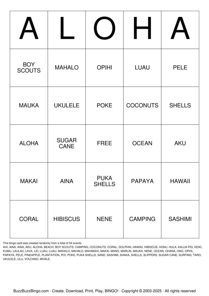 hawaii Bingo Cards to Download, Print and Customize!