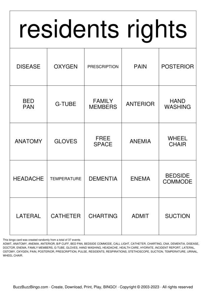 resident rights Bingo Cards to Download, Print and Customize!