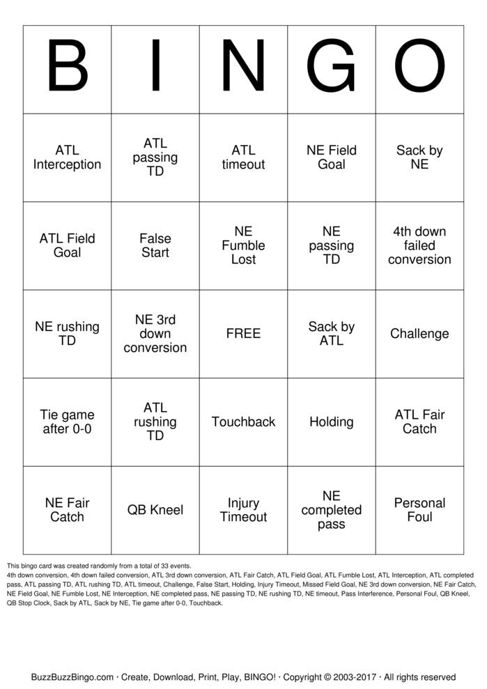 2018 Superbowl NE vs Rams Bingo Cards to Download, Print and Customize!