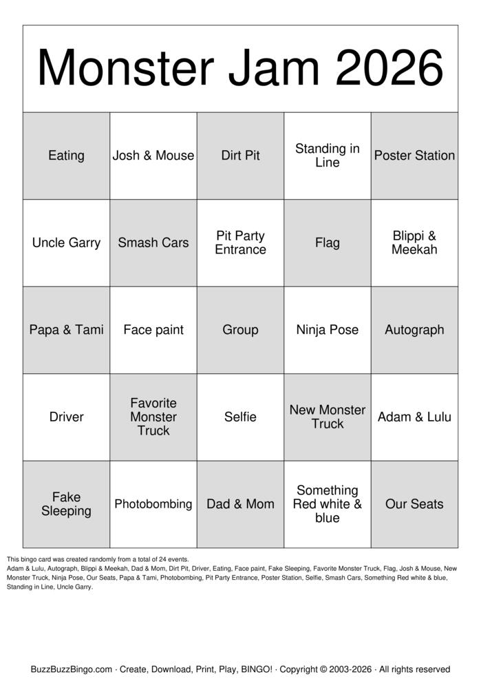 Download Free 2026 Monster Jam Pictures Bingo Cards