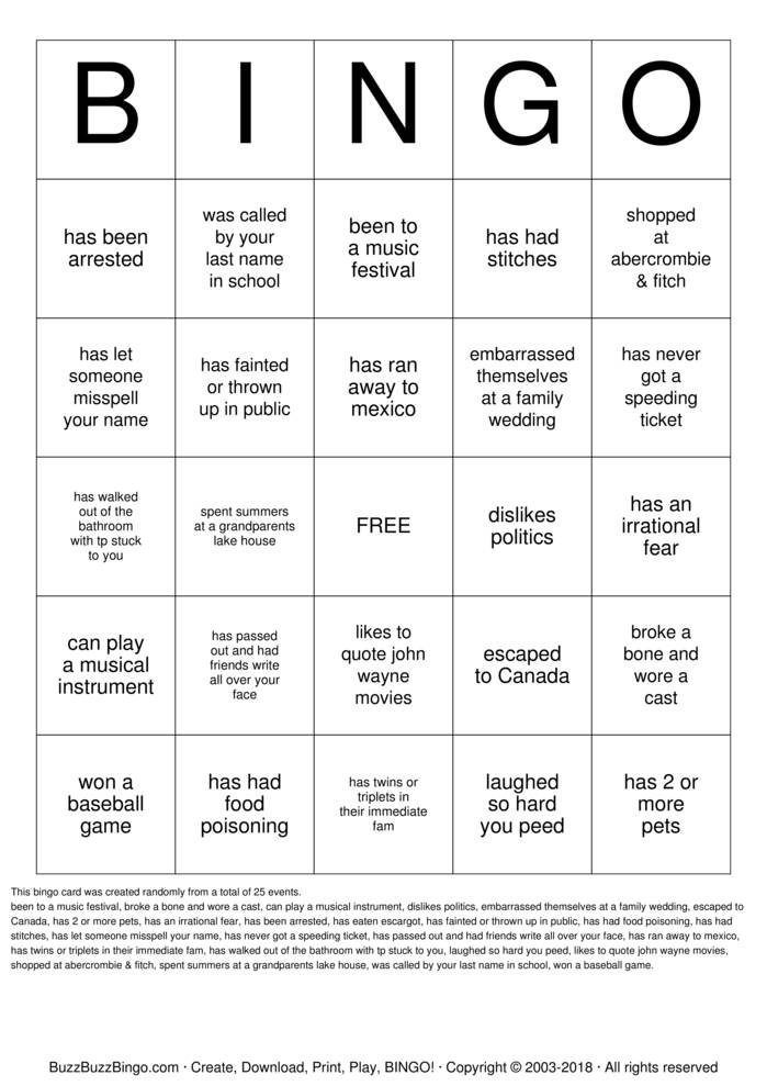 Download Free ABERCROMBIE BINGO Bingo Cards