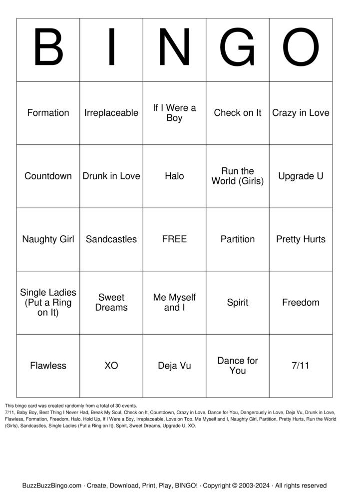Download Free Beyonce Songs Bingo Cards