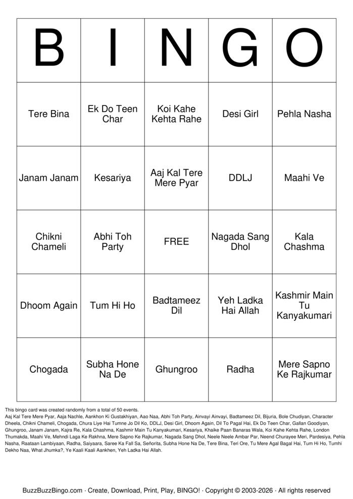 Download Free Bollywood Bingo Bingo Cards