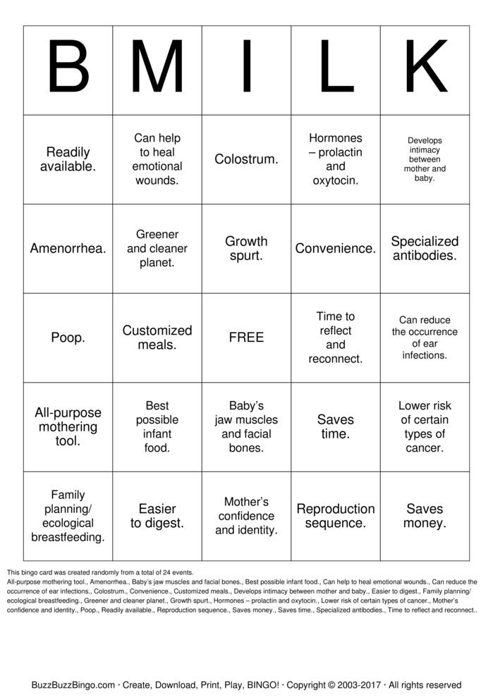 Download Free Breastfeeding Bingo Bingo Cards