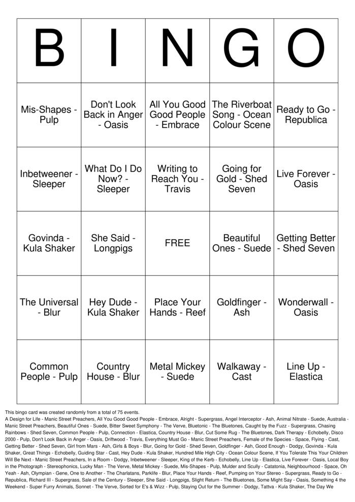 Download Free Britpop Anthems Bingo Cards