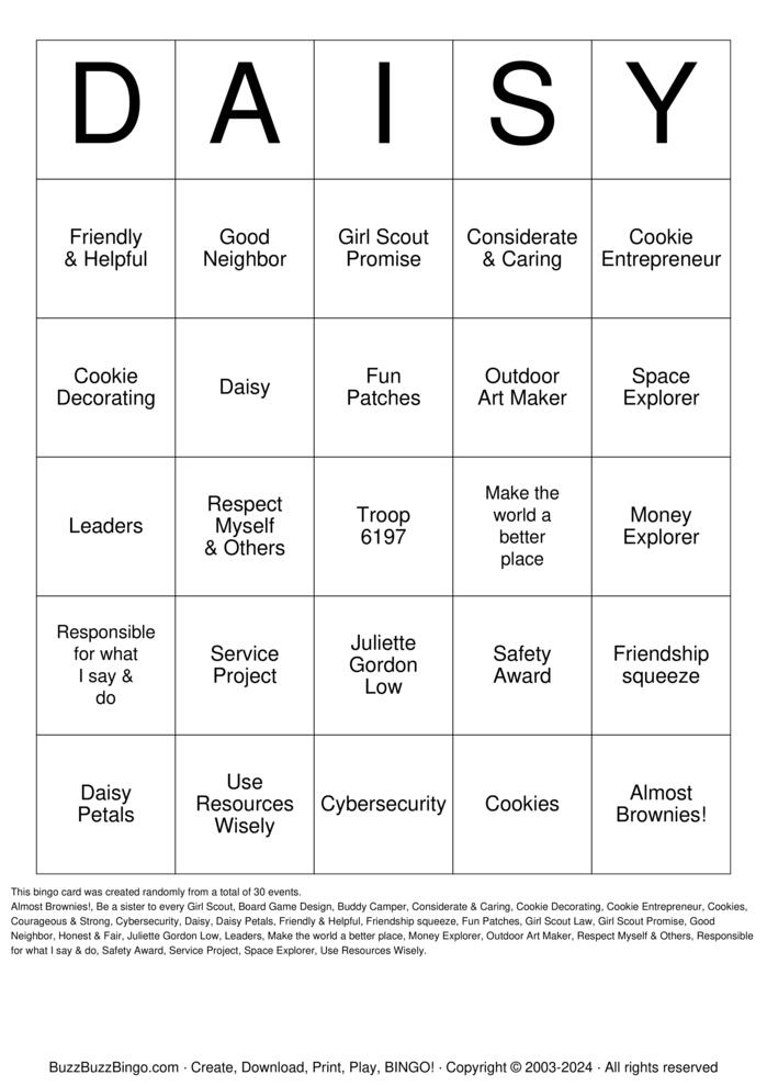 Download Free DAISY Bingo Cards