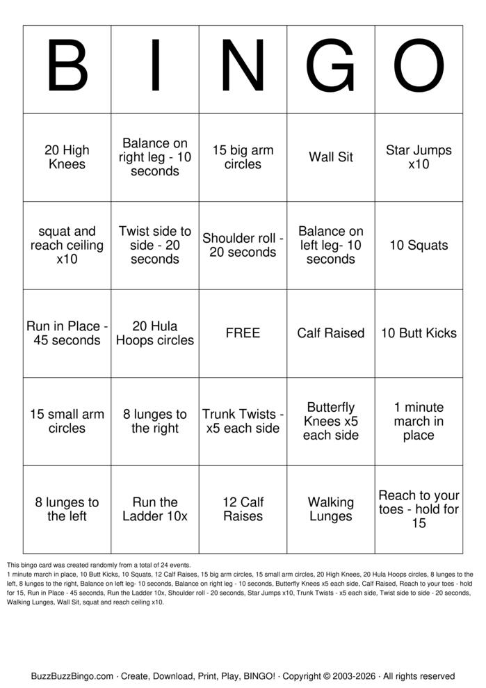 Exercise Bingo Bingo Cards to Download, Print and Customize!