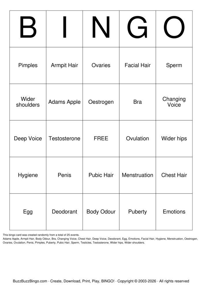 Download Free It's Puberty ! Bingo Cards
