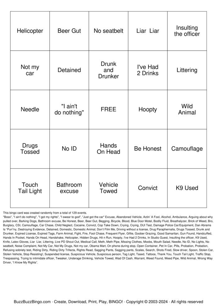 LIVE PD Bingo Cards to Download, Print and Customize!