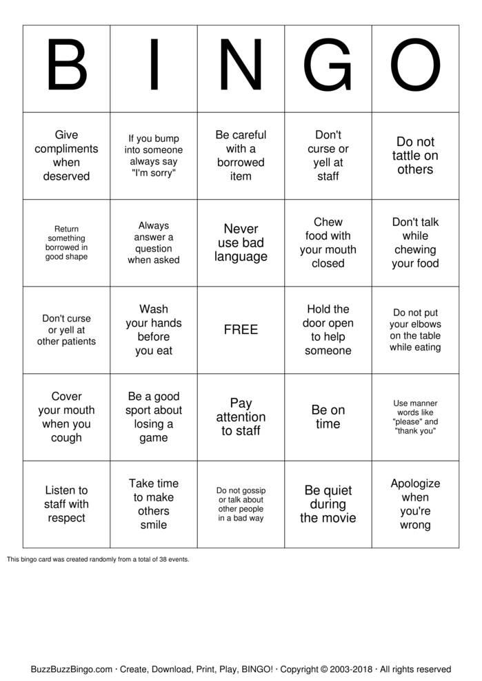 Manners Bingo Cards to Download, Print and Customize!