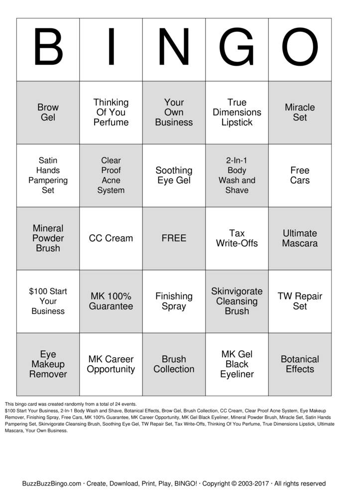 Download Free Mary Kay BINGO Bingo Cards