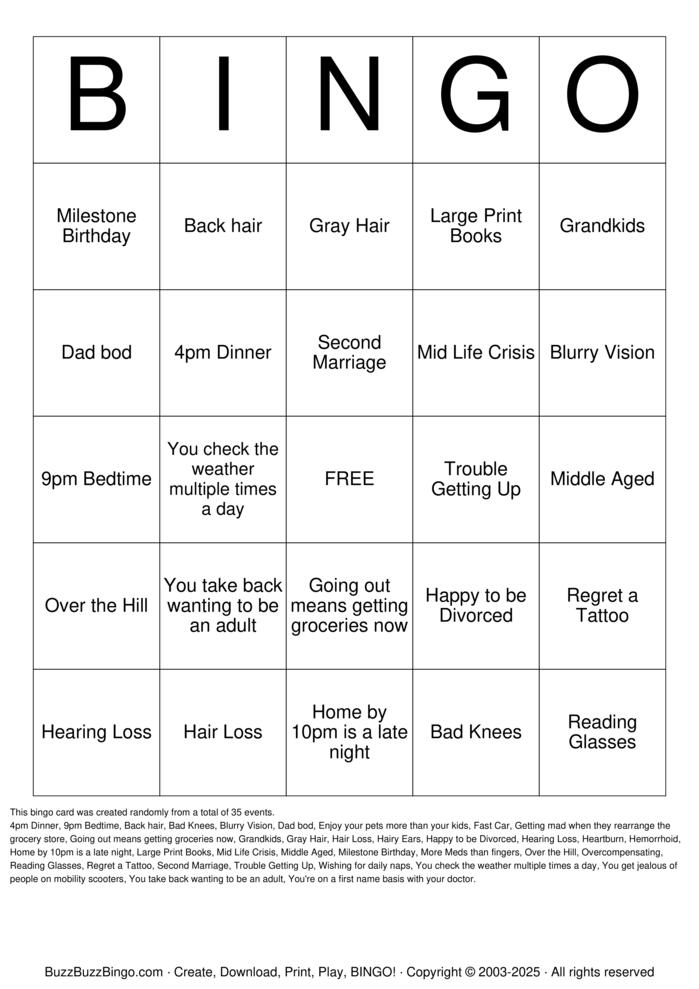 Download Free Midlife Crisis Bingo Bingo Cards