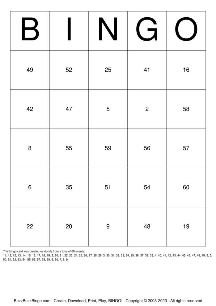 Numbers 1-60 Bingo Cards to Download, Print and Customize!