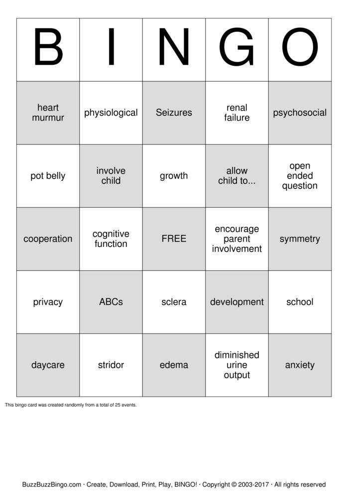 Pediatric Assessment Bingo Cards to Download, Print and Customize!