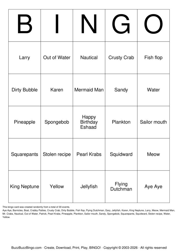 Download Free SpongeBob Bingo Cards Download Free SpongeBob Bingo Cards