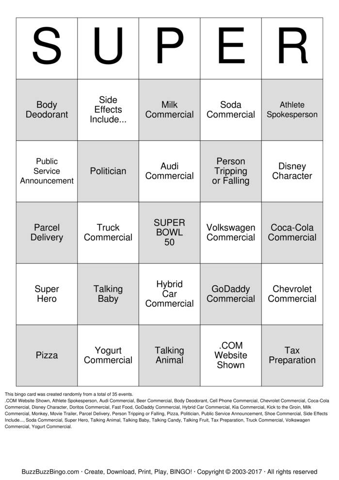 Superbowl Commercials Bingo Cards to Download, Print and Customize!