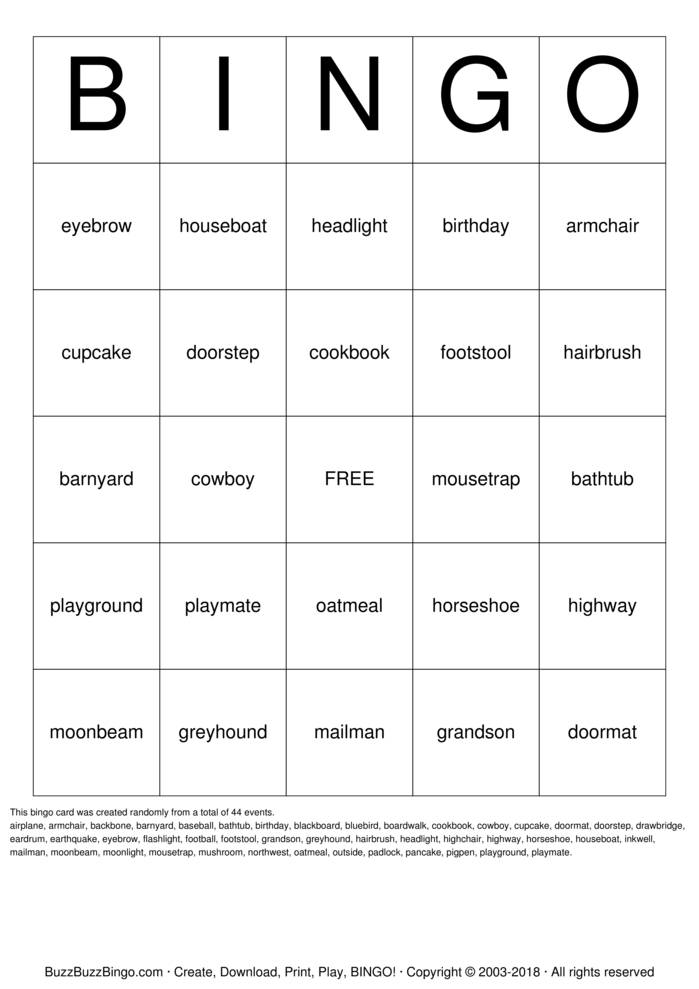 Download Free Two Syllable Words Bingo Cards